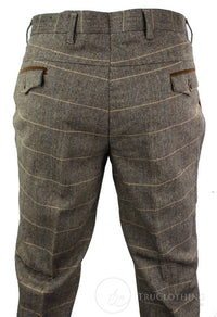 Dx-7 - Men's Tweed Check Trouser Herringbone Tan Brown Regular