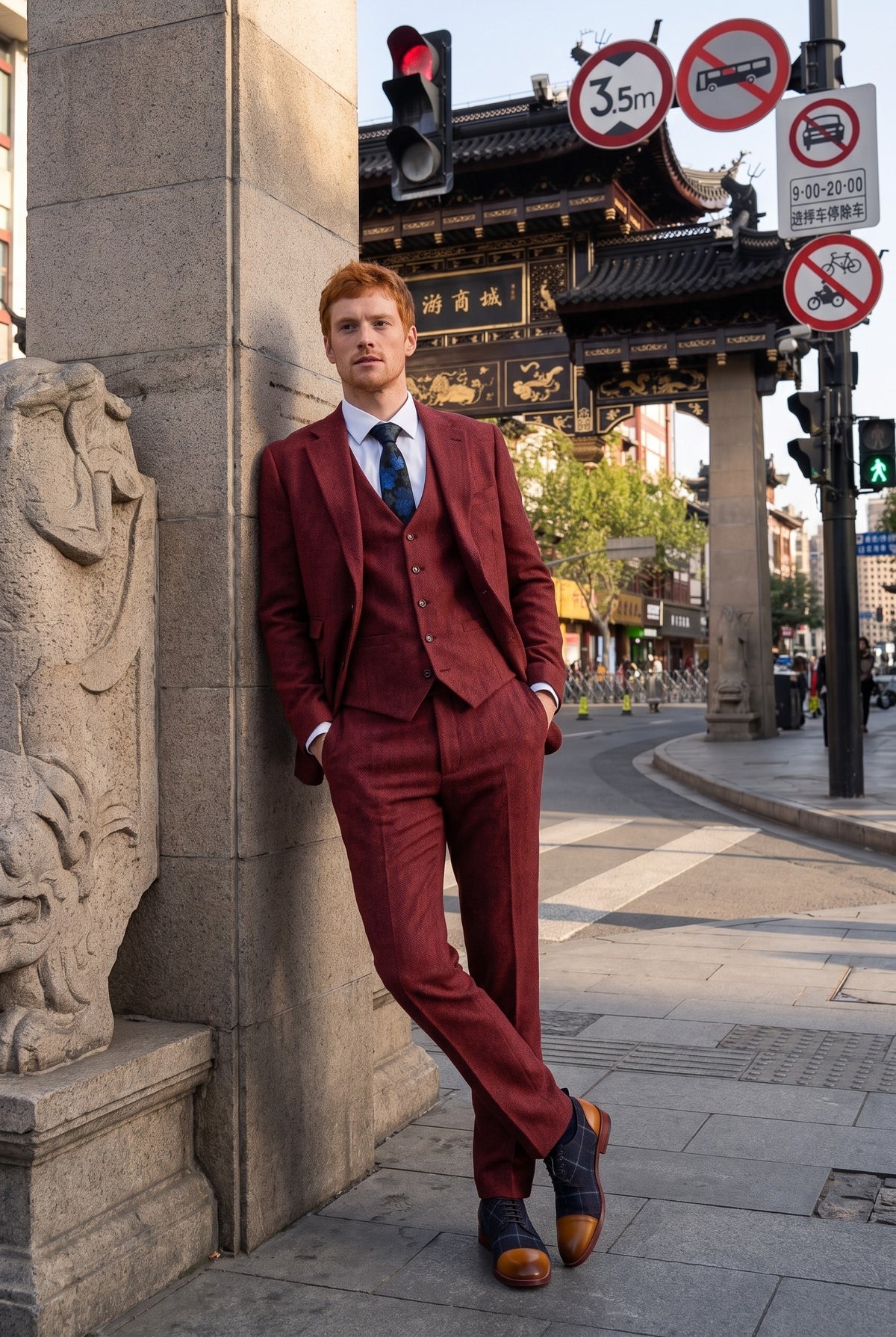 Look #271 styled with Herresæt med sildebensmønster, vinrødt 3-delt tweedmønster - STZ11