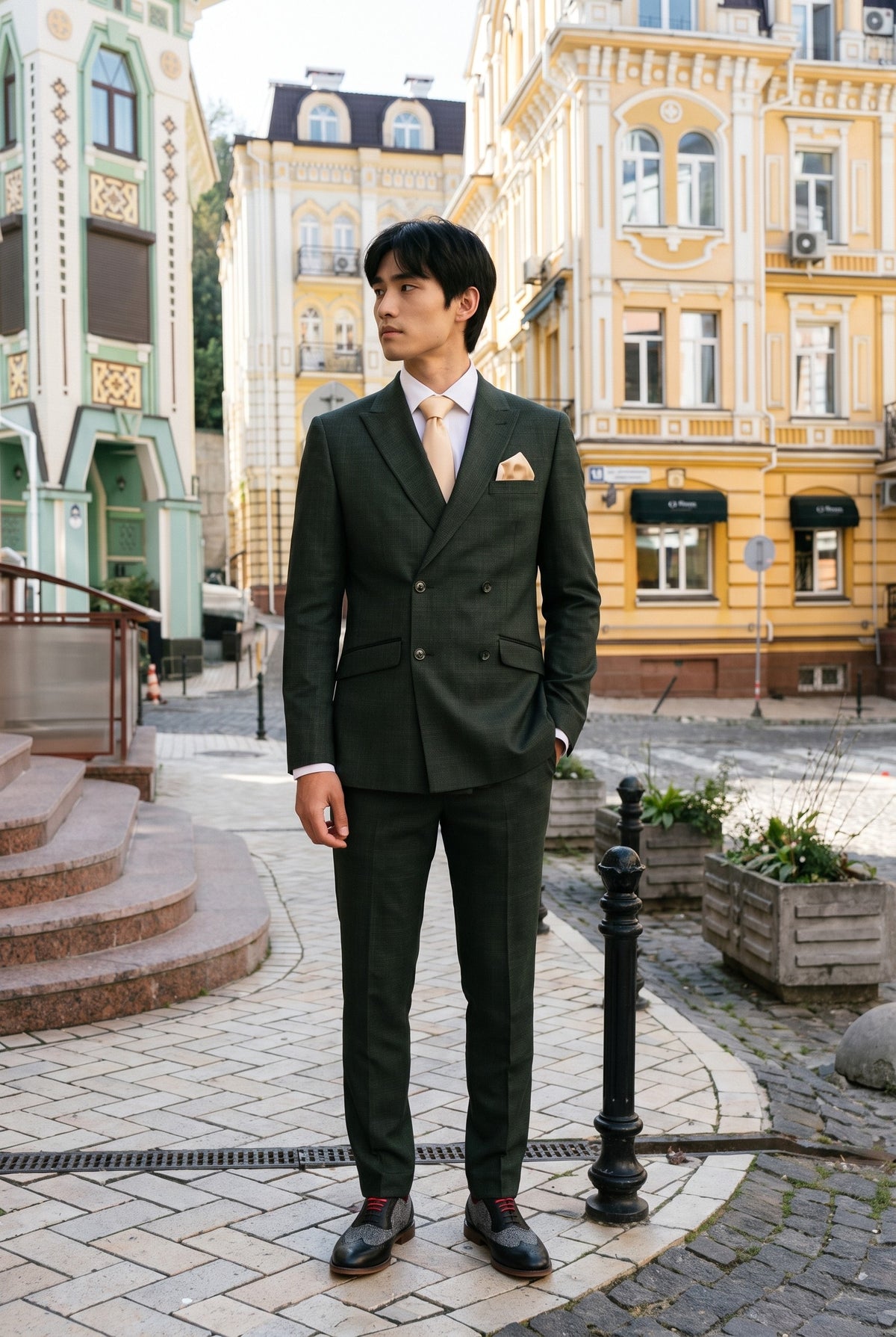 Look #780 styled with Caridi - Herre 2-delt olivengrønt dobbeltradet jakkesæt