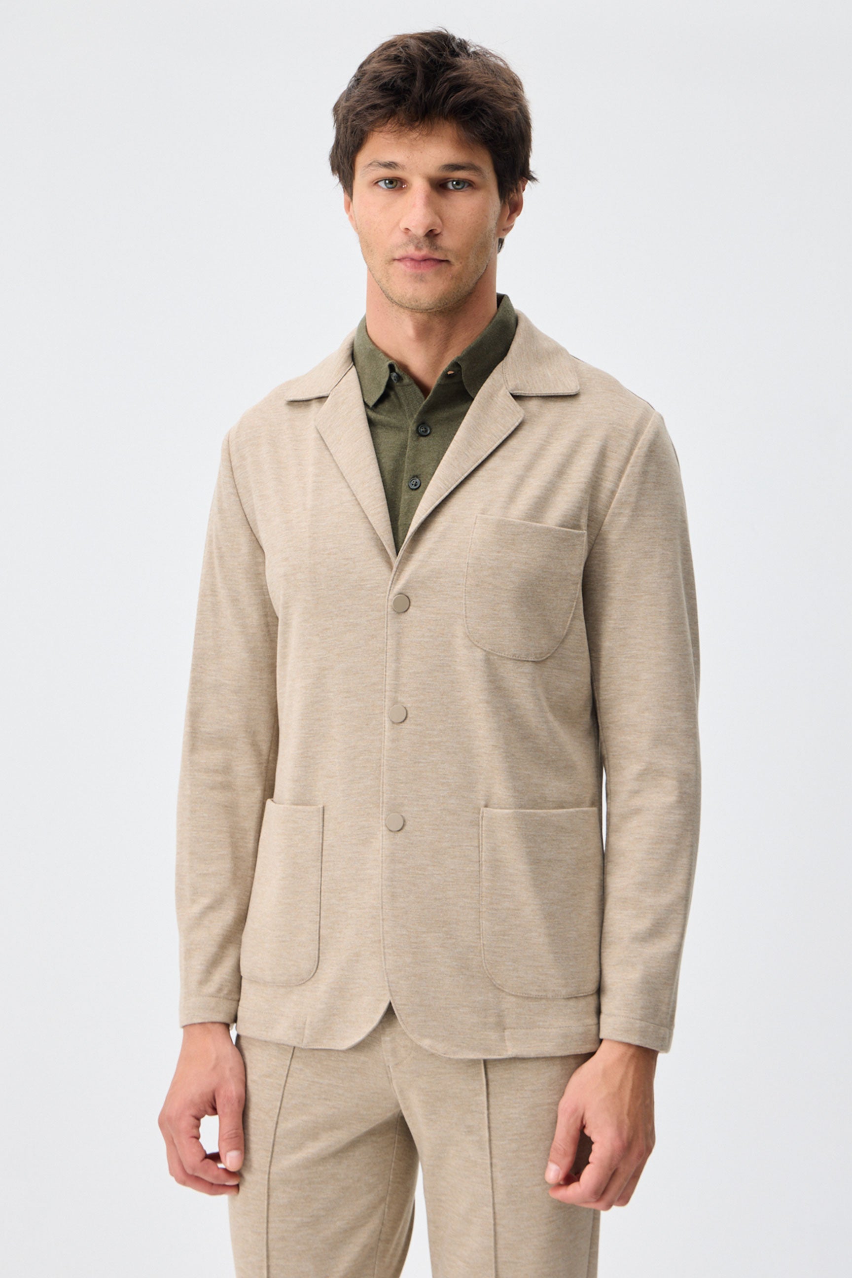 Herresæt med beige, blød jersey-print og elegant, casual jakkesæt, blazer og bukser