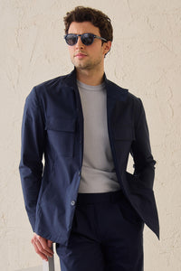 Herre marineblåt smart casual 2-delt jakkesæt med safari-krave og stretch