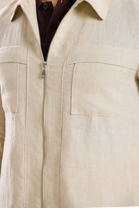 Herre beige hør smart casual 2-delt jakkesæt med lynlås foran safari-stil sommer