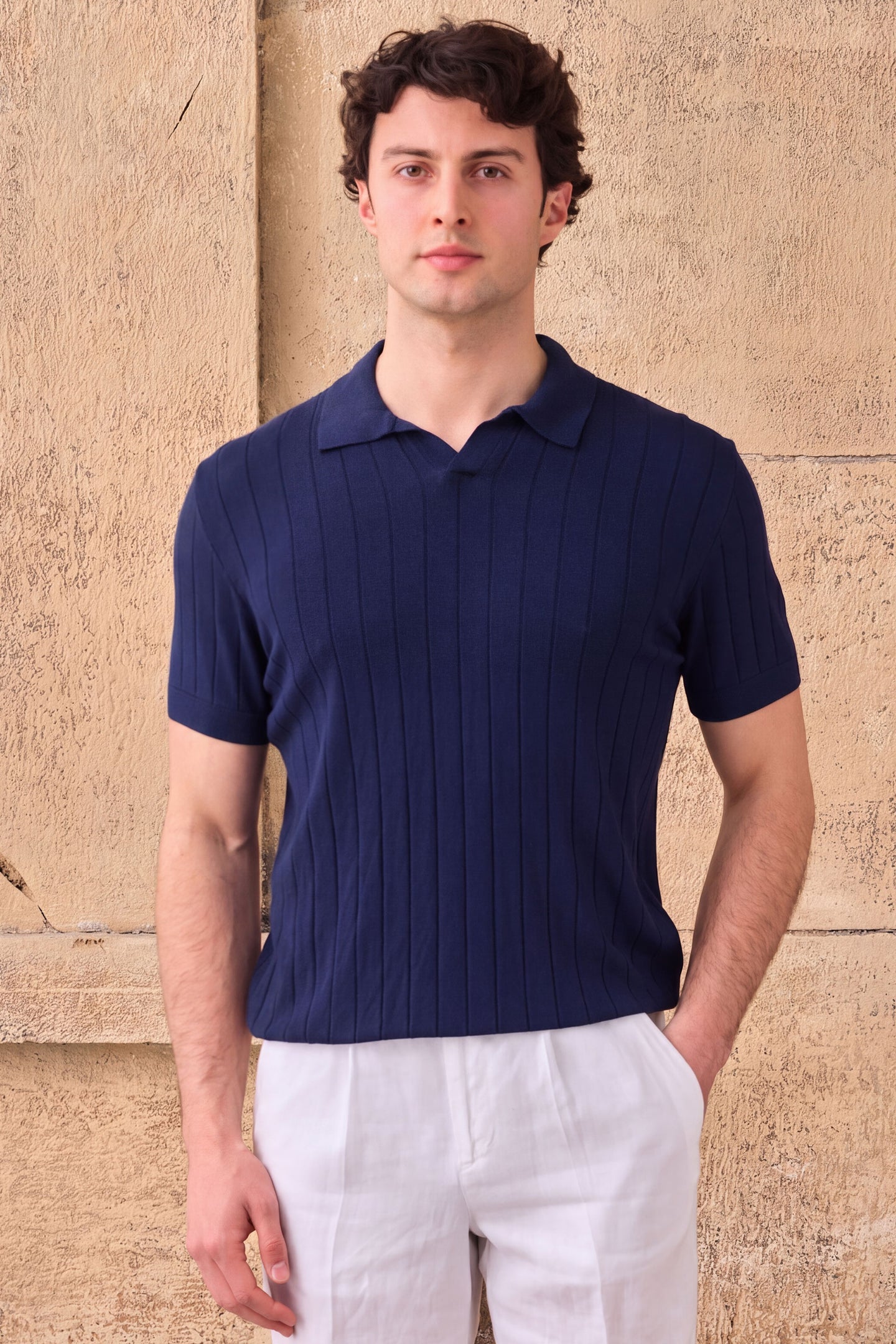 Herre Mørk marineblå ribbet strikket poloshirt
