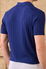 Herre marineblå ribbet poloshirt i strik