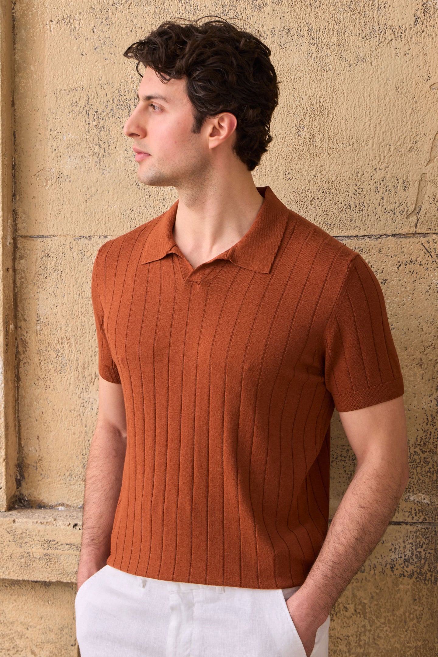 Herrer Rust Orange Ribbet Strikpoloshirt