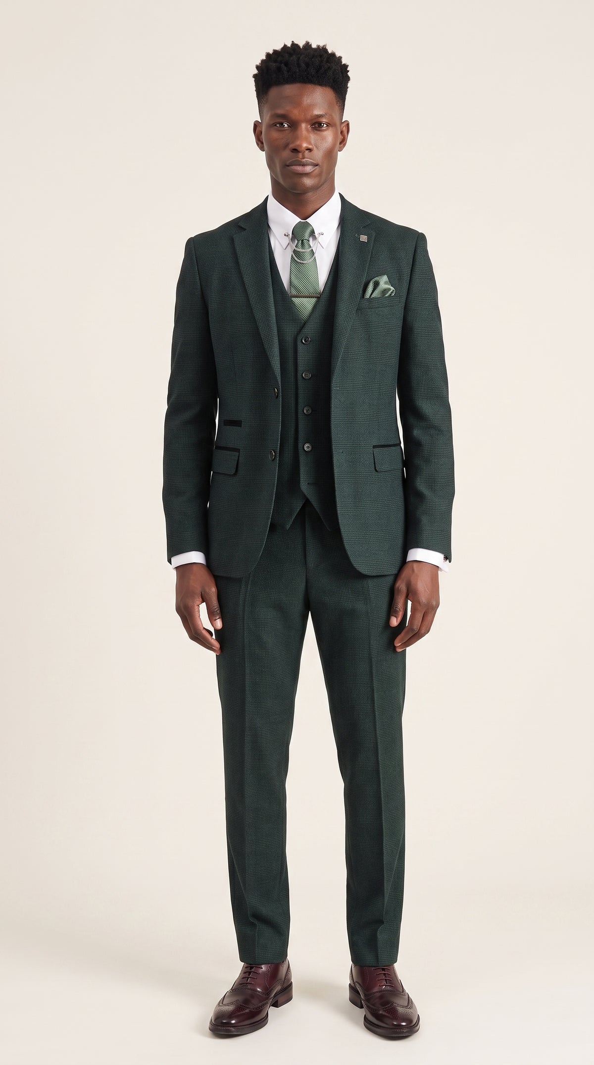 Look #204 styled with Regent - Herregrønt 3-delt ternet jakkesæt med Prince of Wales-motiv