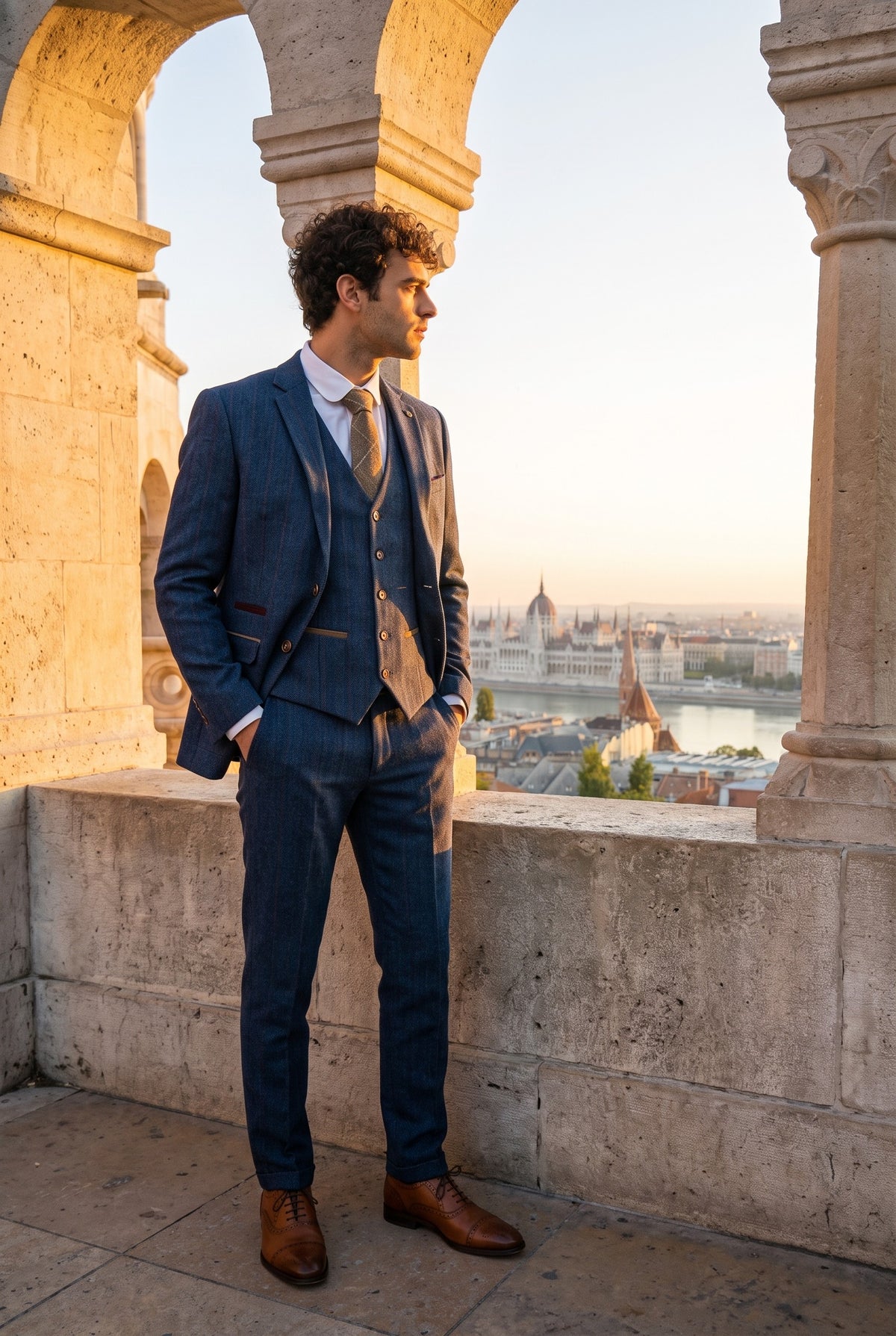 Look #365 styled with Scott Herre Blå 3-delt Tweed Ternet Suit