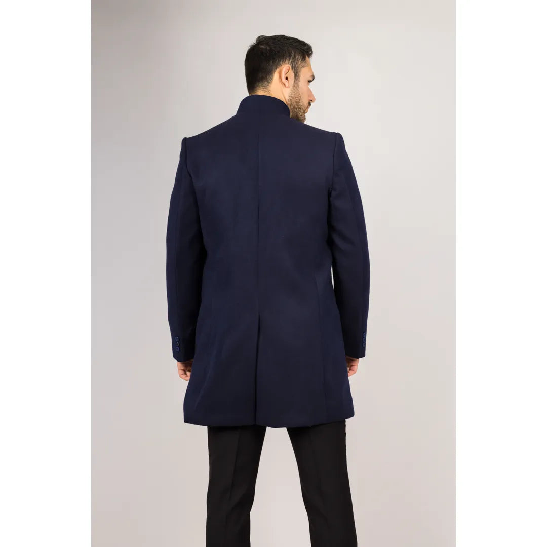 Men's Stand Collar Wool Blend Navy Overcoat