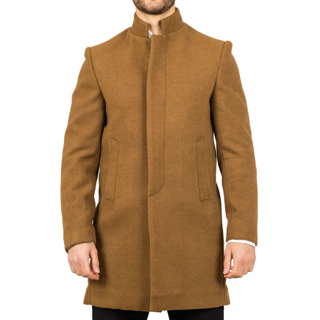 Men's Stand Collar Wool Blend Tan Overcoat