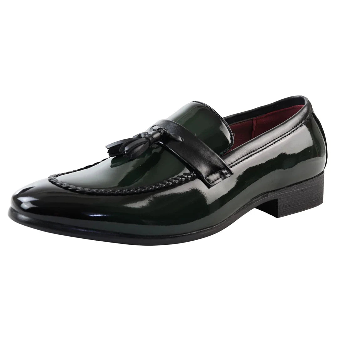Men's Patent Tassel Slip On Green Loafers