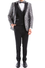 Mens Silver Floral Black Tuxedo Suit 3 Piece Wedding Prom Party Grooms Ceremony