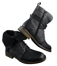 Mens Punk Rock Goth Emo Biker Ankle Boots Leather Buckle Fur Fleece Lined