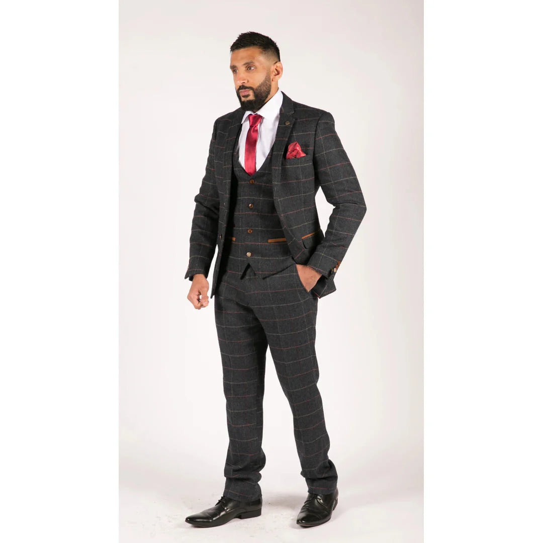 Marineblåt vinrødt ternet sildebensmønster i tweed i vintage-stil med 3 dele fra New Marc Darcy