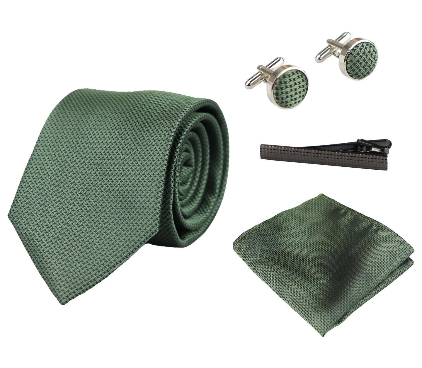 Satin Silk Textured Green Tie Gift Set Pocket Square Cuff Links Tie Matt Satin