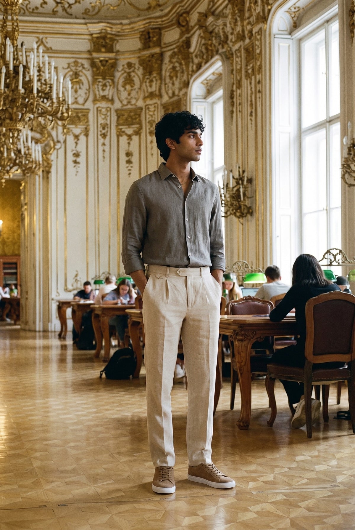 Look #1018 styled with Herre khaki skjorte i ren hør, langærmet sommerskjorte med knapper
