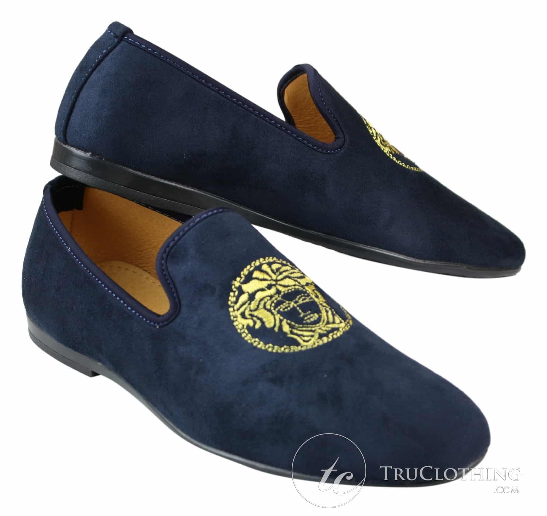 Fiorello HD0112-04 - Mens Black Iconic Medusa Slip On Loafers Moccasins Driving Shoes PU Suede Italian