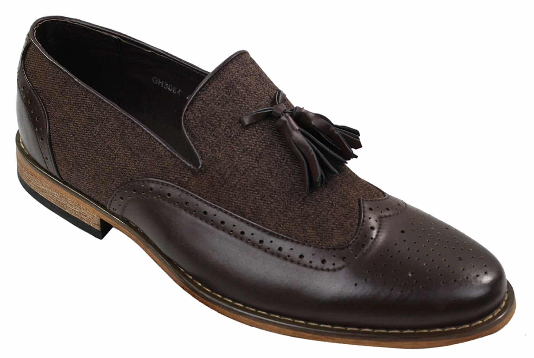 Mens Tweed & Leather Loafers Driving Shoes Slip On Tassle Design Vintage Retro