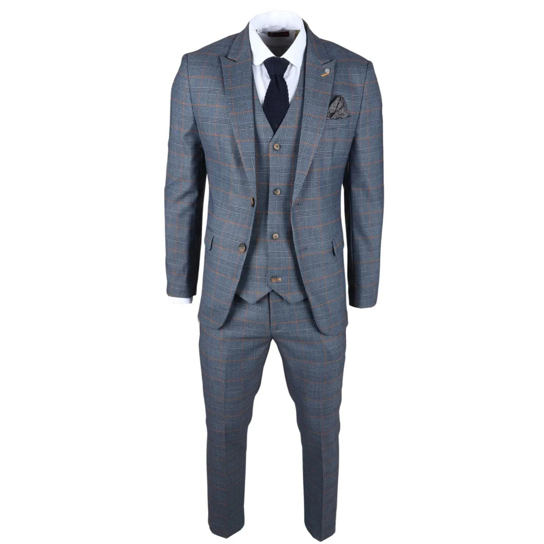 Gisborne Men's 3-Piece Navy Checked Suit with Mustard Accents