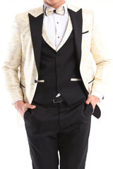Mens 3 Piece Cream Black Ivory Suit Bow Tie Tuxedo Ceremony Wedding Grooms Prom