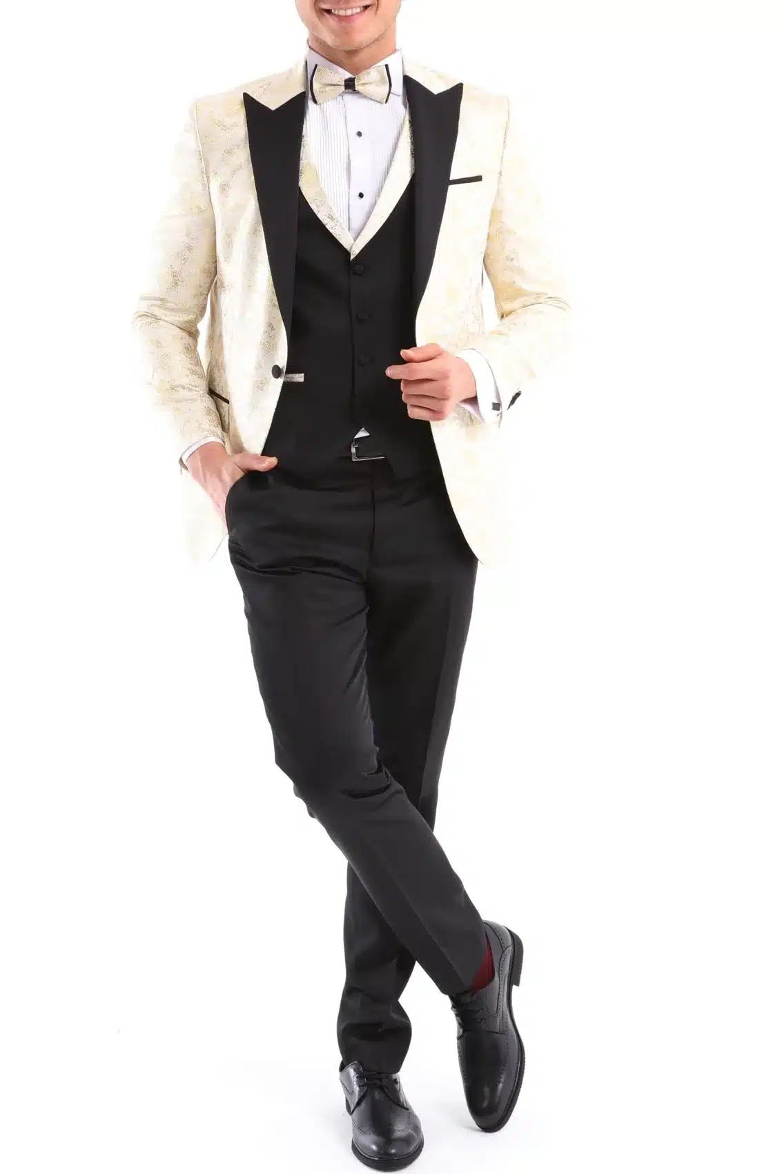 Mens 3 Piece Cream Black Ivory Suit Bow Tie Tuxedo Ceremony Wedding Grooms Prom