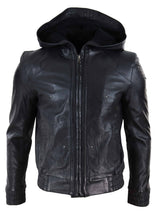 Mens Black Leather Bomber Jacket with Hood