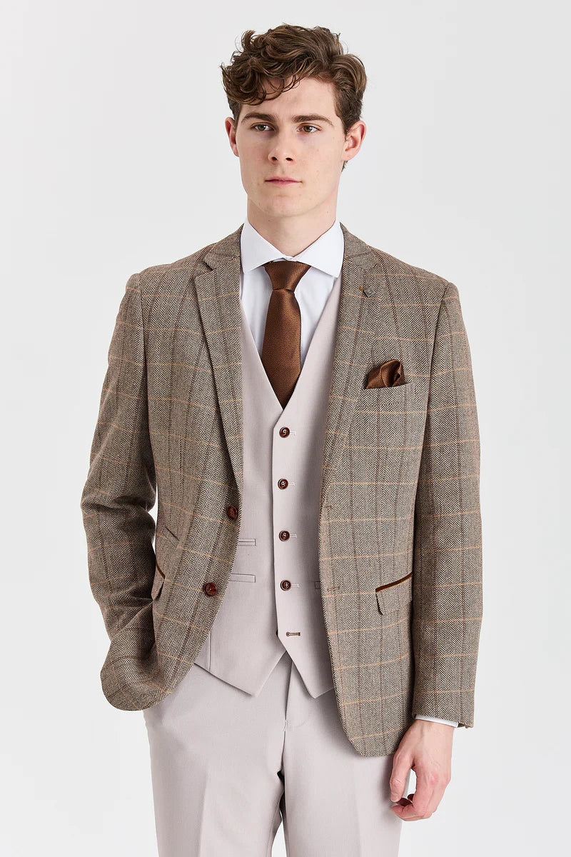 Harris Brown Tweed Suit med Kontrastfarvet Vest og Bukser i Sten