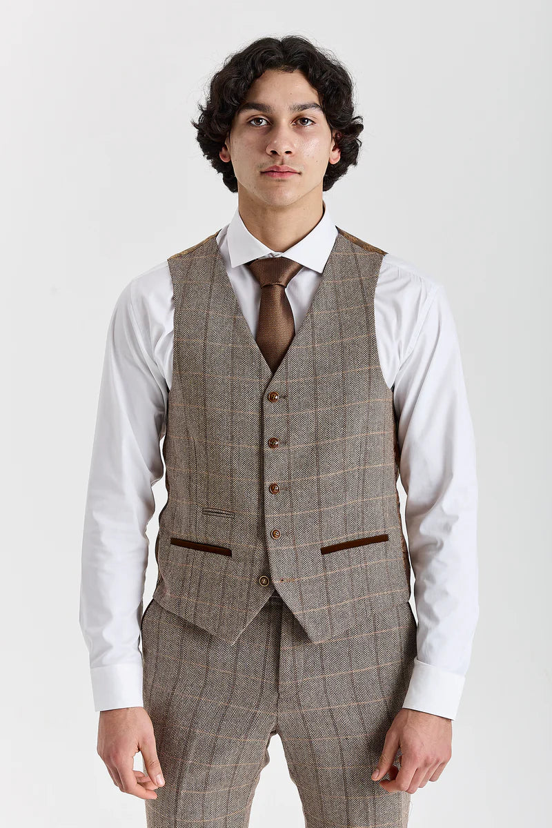 Harris - Tweed Brun Sildebensmønstret Ternet Vest til Herrer