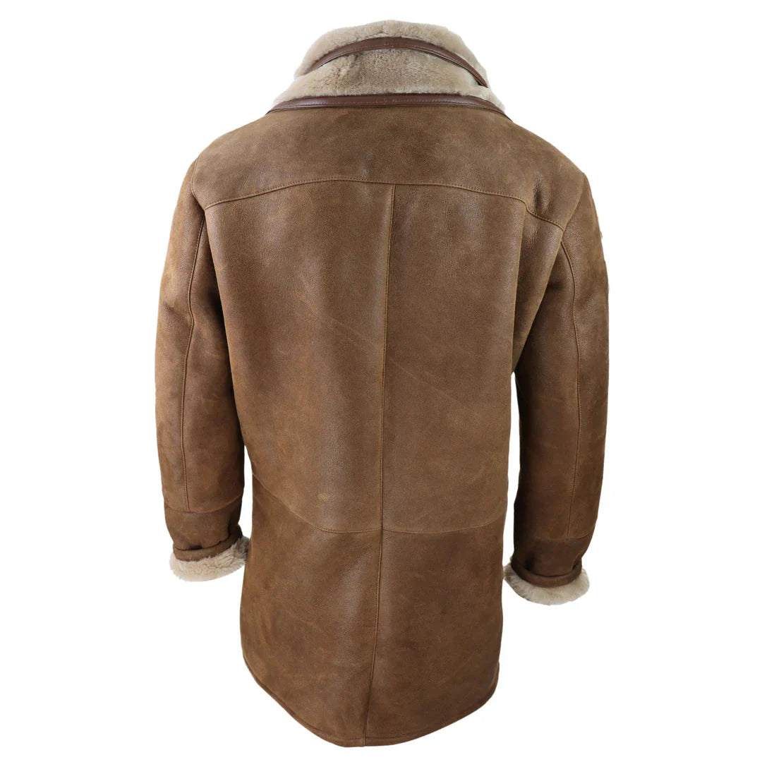 Men's 3/4 Duffle Jacket Sheepskin Long Button Zip Warm - Tan