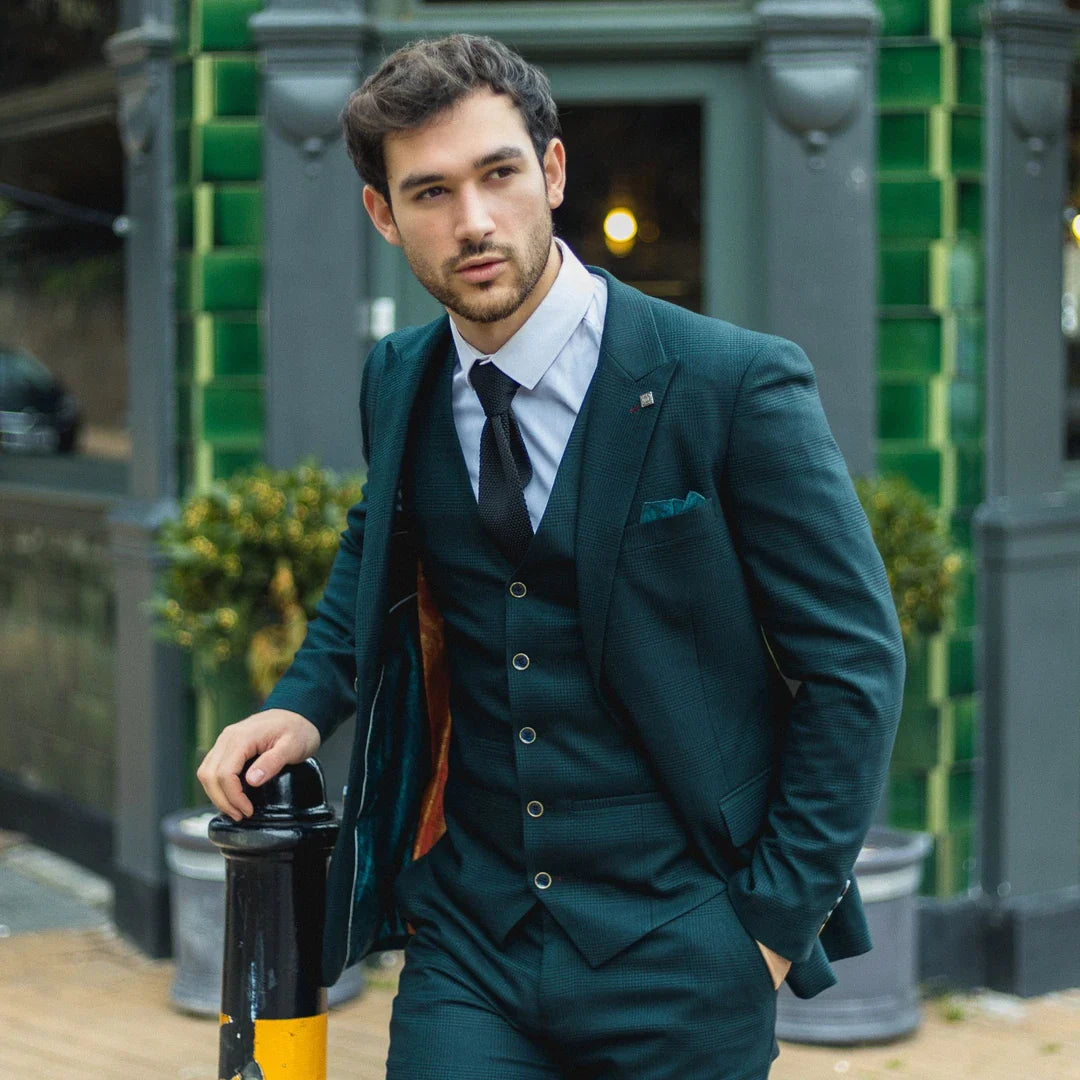 Jasper Men's Olive Green 3-Piece Suit with Prince of Wales Black Check