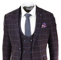 Mens Plum Check 3 Piece Suit