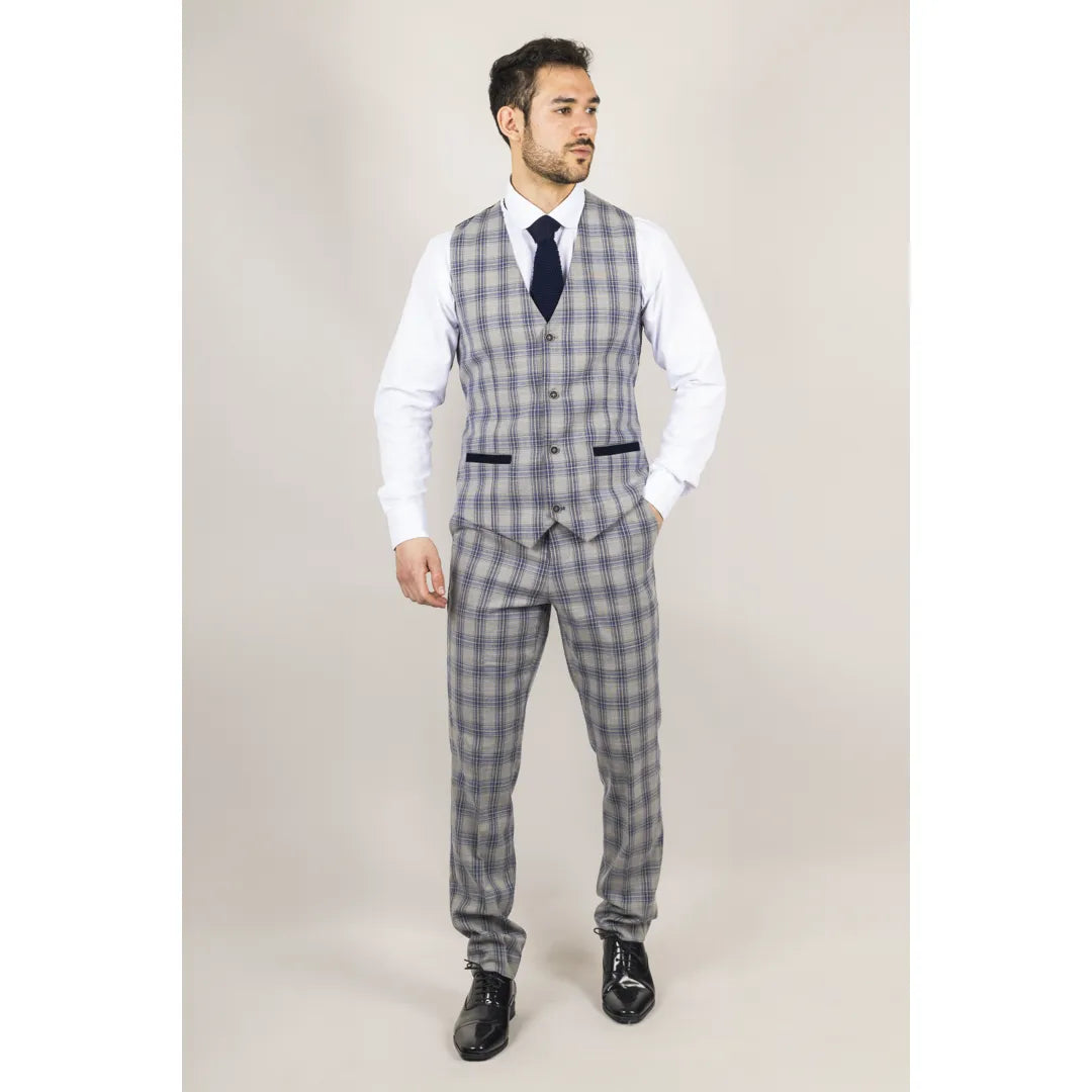 Knight - Men's Grey Blue Checked Waistcoat