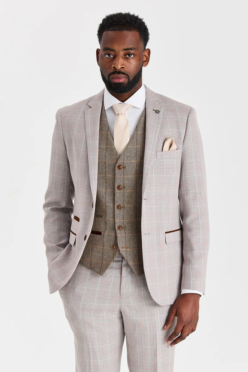 Leo beige jakkesæt med Harris brun tweed-kontrastvest
