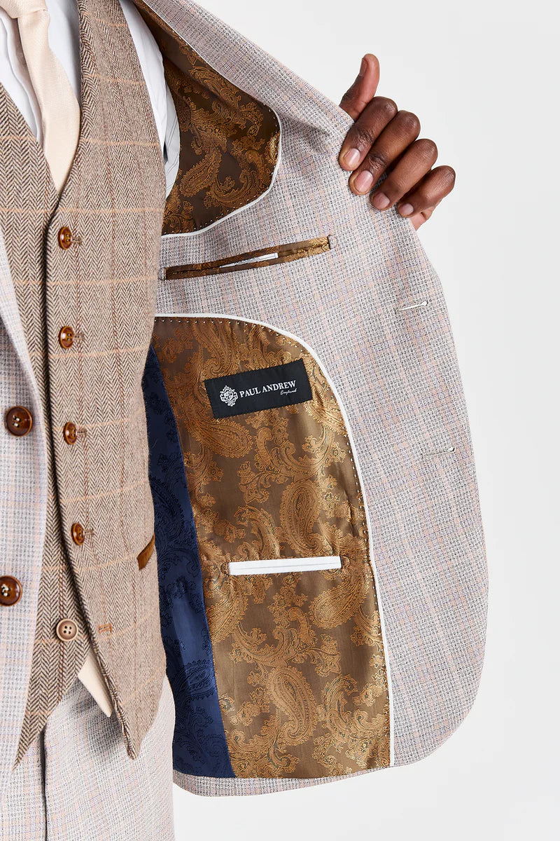 Leo beige jakkesæt med Harris brun tweed-kontrastvest