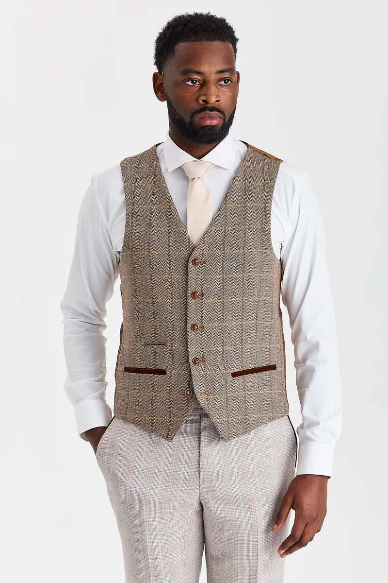 Leo beige jakkesæt med Harris brun tweed-kontrastvest
