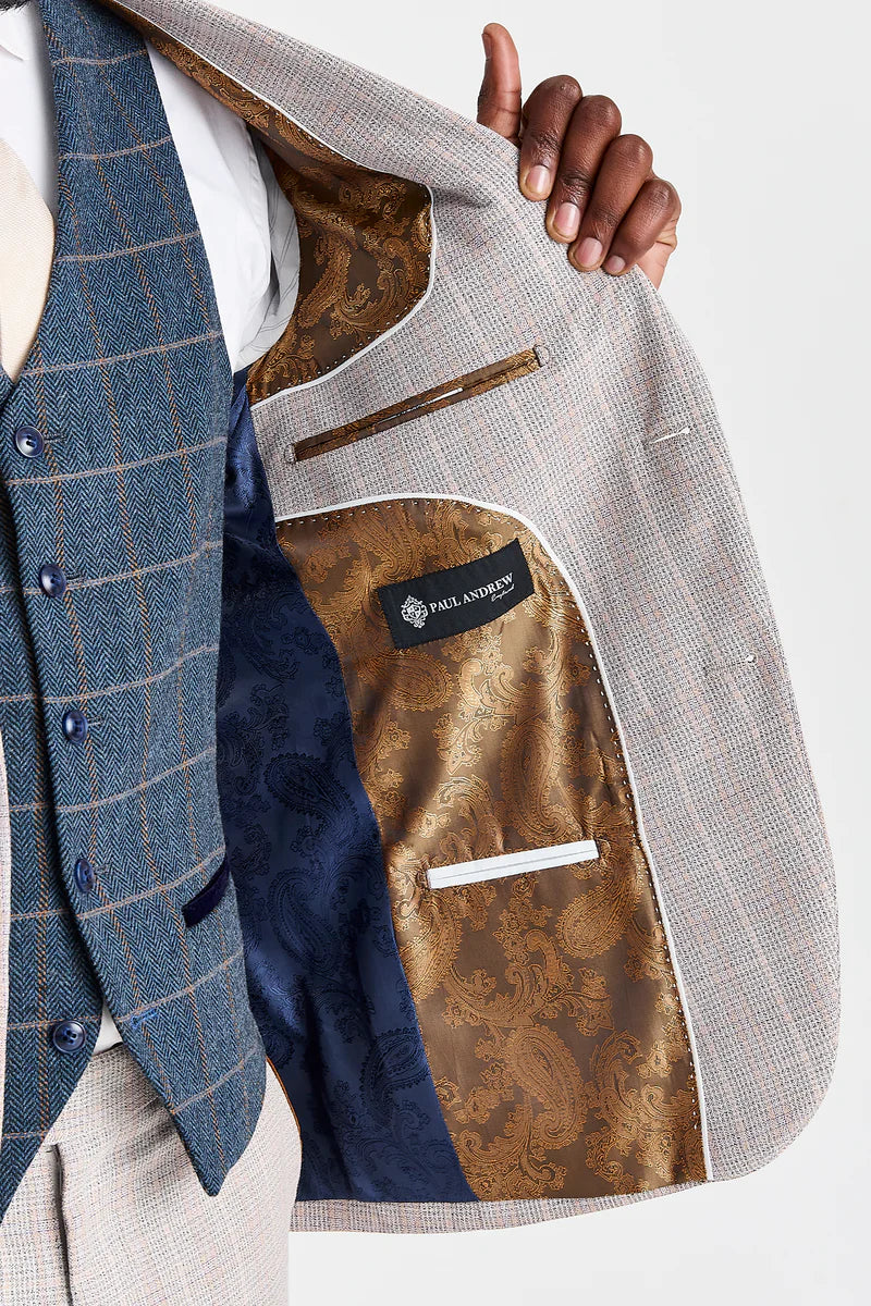 Leo beige jakkesæt med Harris marineblå tweedvest