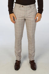 Leo - Men's Beige 3 Piece Checked Tailored Fit Suit