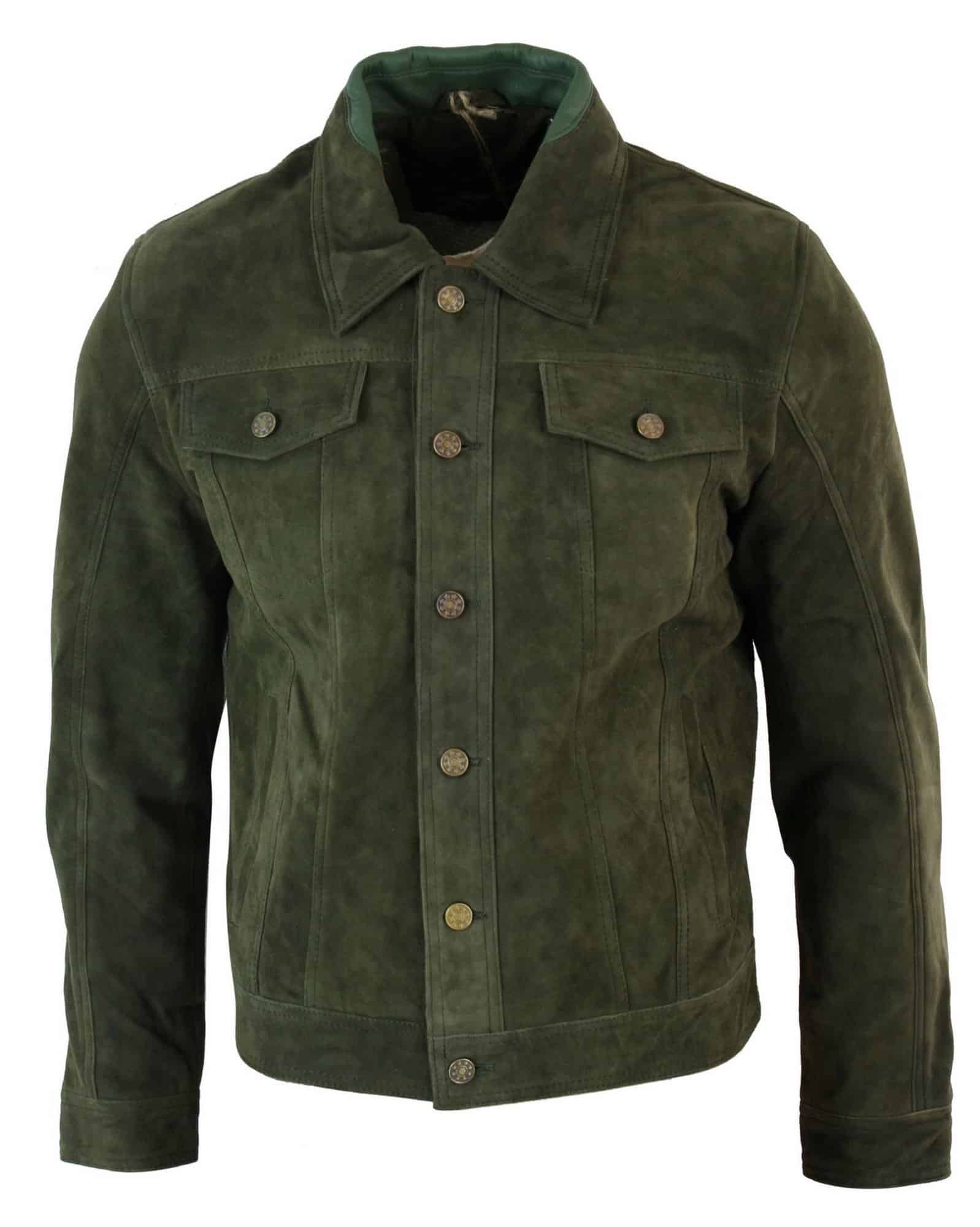 Real Suede Leather Mens Vintage Short Denim Style Retro Jean Jacket Casual - Olive Color