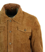 Real Suede Leather Mens Vintage Short Denim Style Retro Jean Jacket Casual - Brown Color