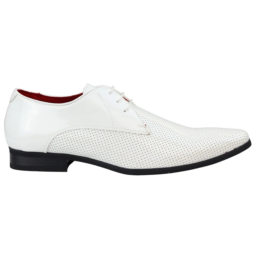 Mens Shoes Smart Formal Perforated Pointed Laced White Patent Leather PU
