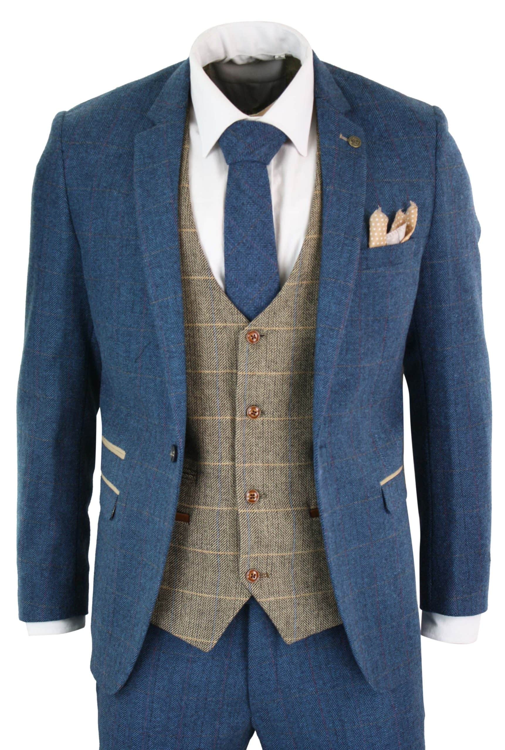 Marc Darcy Dion - Mens Blue Tan Brown 3 Piece Herringbone Tweed Check Vintage Tailored Fit Suit