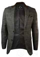 Mens Check Vintage Herringbone Tweed Grey Charcoal Blazer Jacket Fitted-Tan
