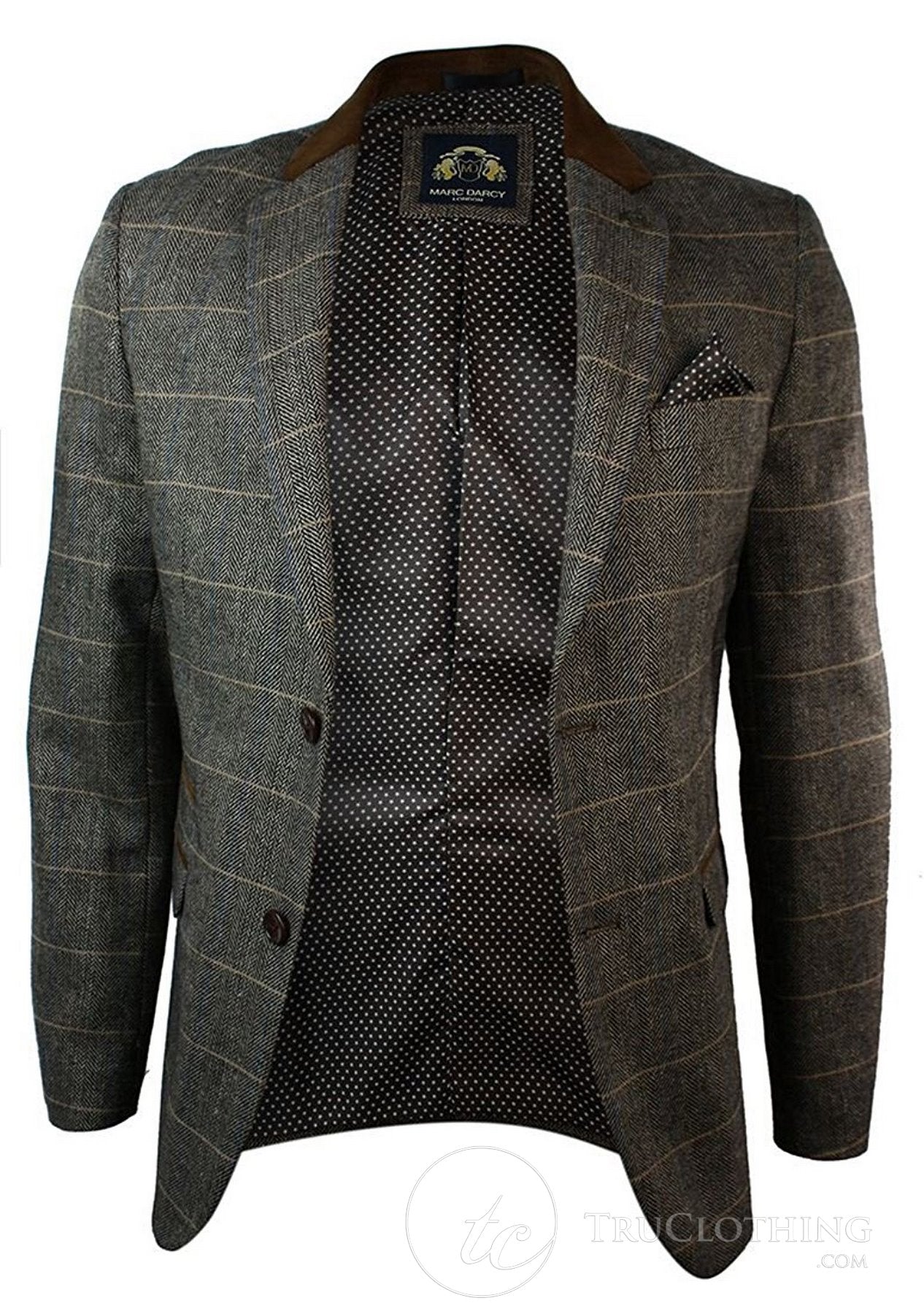Mens Check Vintage Herringbone Tweed Grey Charcoal Blazer Jacket Fitted-Tan