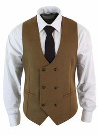 Mens Double Breasted Felt Tweed Vintage Retro Classic Waistcoat Slim Fit Herringbone-Melton DBC Tan