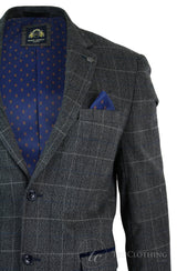 Mens Grey Check Herringbone Tweed Vintage Fit Blazer Jacket Blue Velvet Trim-Grey