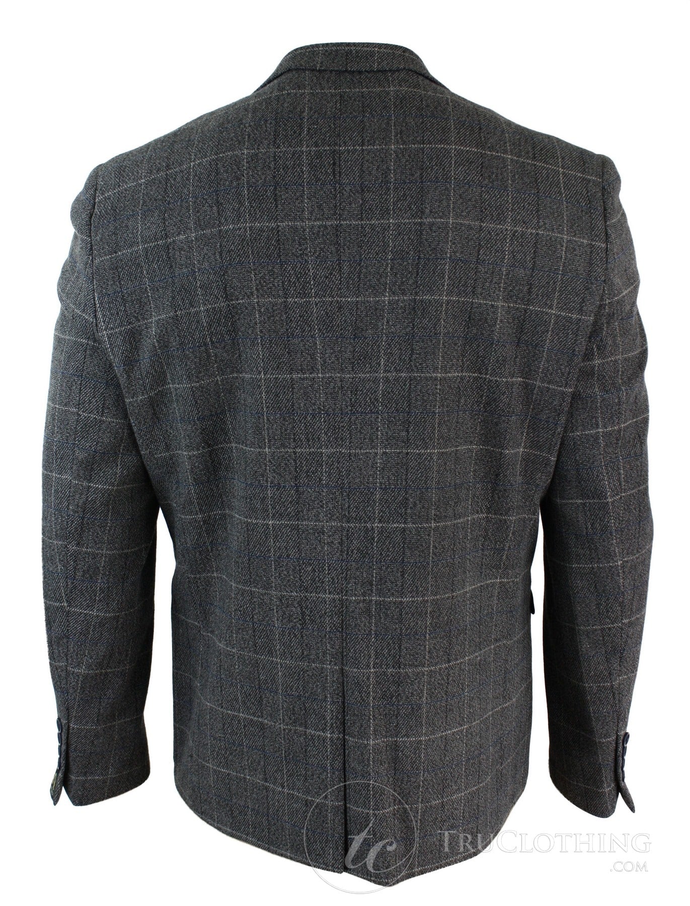 Mens Grey Check Herringbone Tweed Vintage Fit Blazer Jacket Blue Velvet Trim-Grey