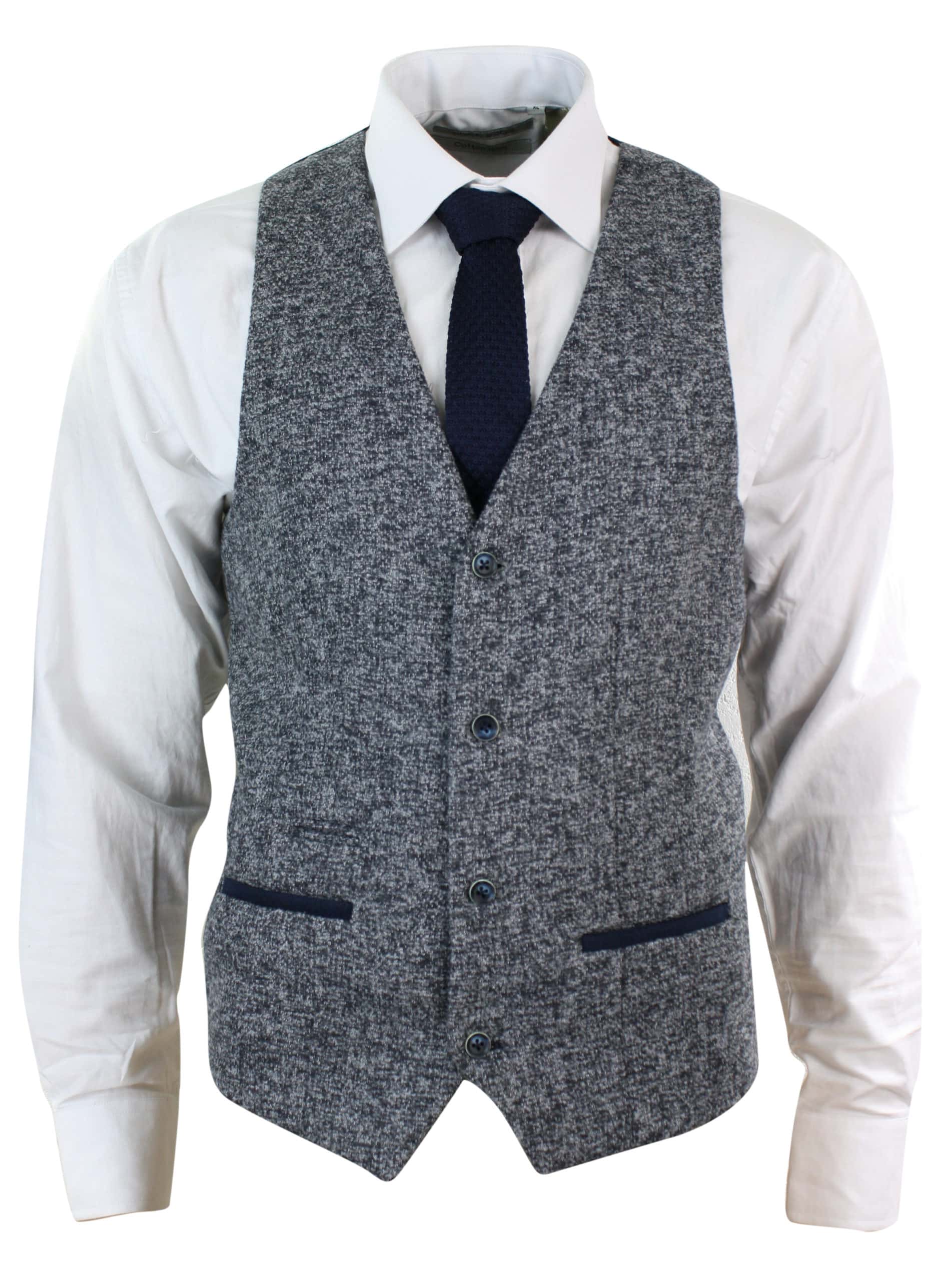 Mens Grey Blue Herringbone Tweed Slim Fit Chunky Waistcoat Blazer Smart Casual