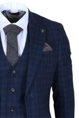 Marcos - Herre marineblåt ternet slim fit 3-delt jakkesæt