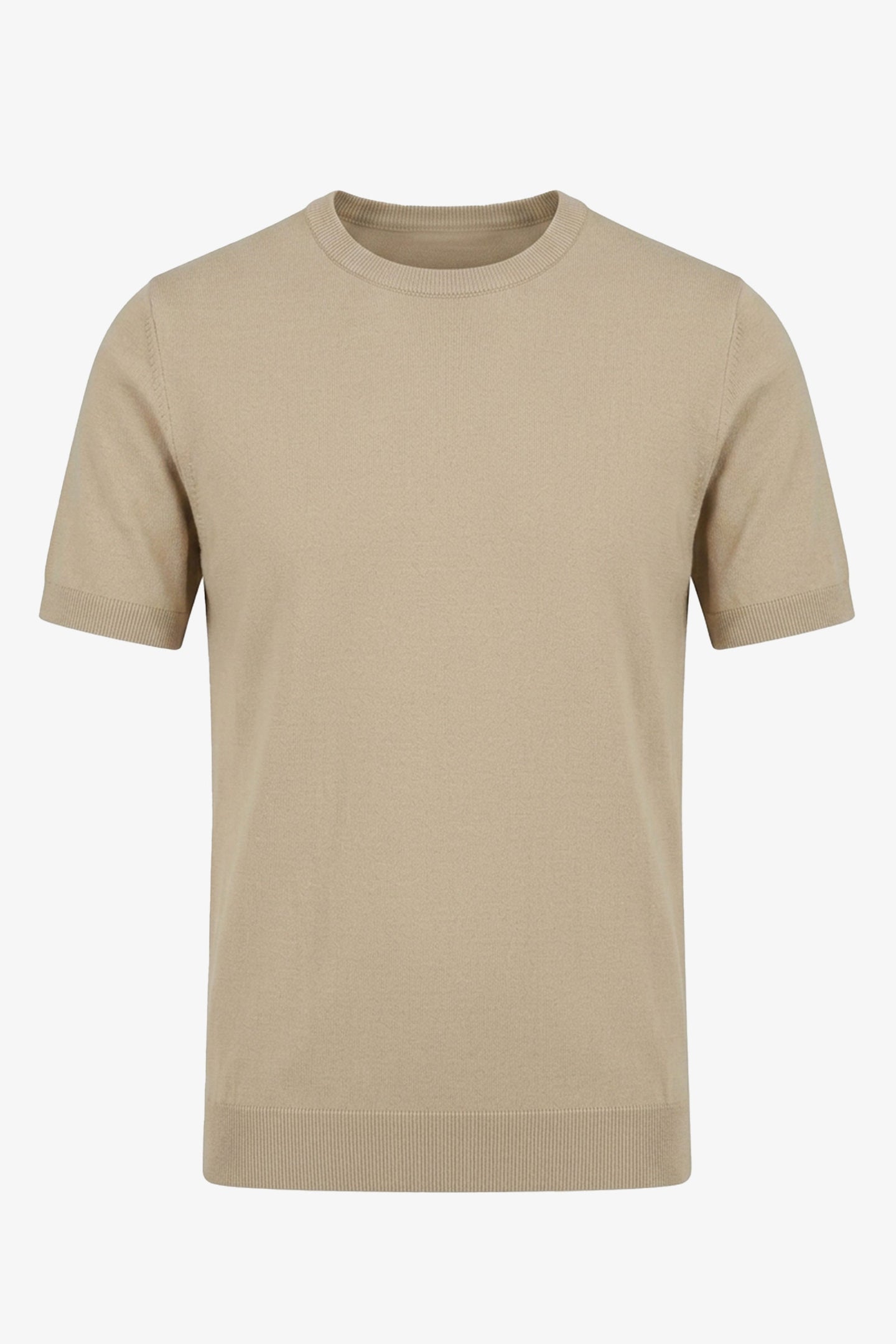 Beige strikket T-shirt til mænd med normal pasform og rund hals, korte ærmer