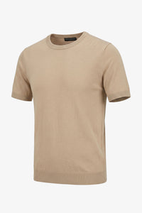 Beige strikket T-shirt til mænd med normal pasform og rund hals, korte ærmer