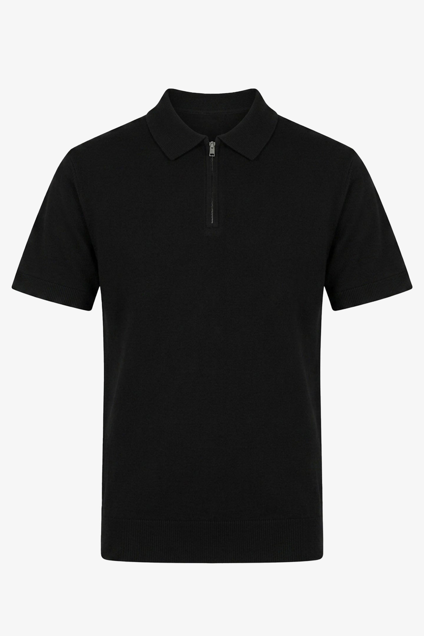 Sort herre strikket poloshirt med lynlåsudskæring og korte ærmer i blød blanding